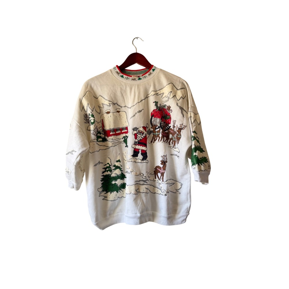 Vintage Nutcracker Christmas Sweatshirt White Santa Reindeer Puff Print XL